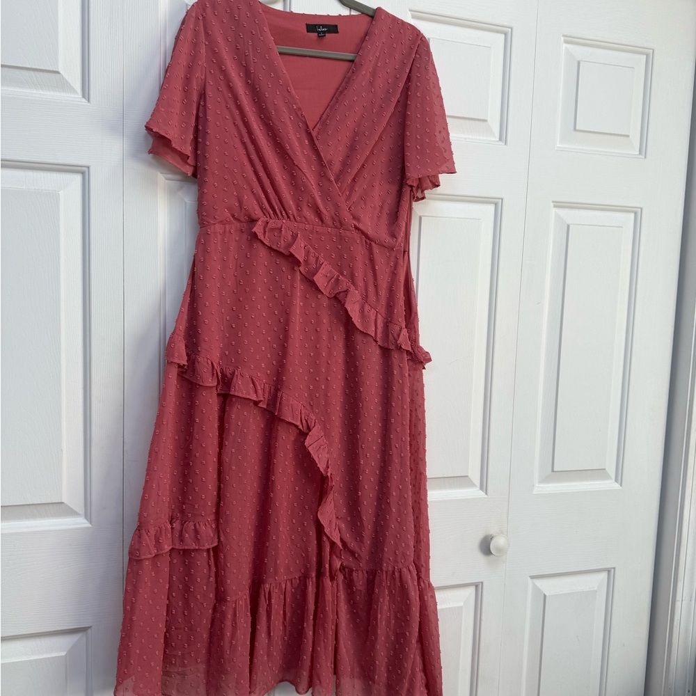 Lulu's Dusty Rosa Asymmetrical Dot Ruffle Dress